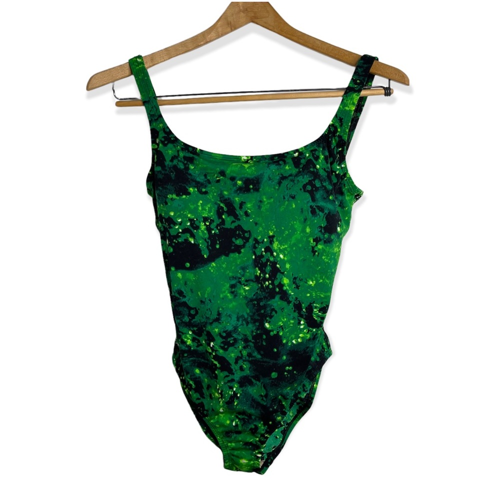 Speedo Endurance Graphics Square Neck One Piece Swimsuit Black Green Retro Sz 14